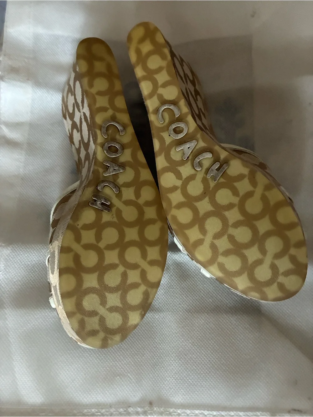 Coach Beige & Cream Signature Logo Wedge Slides